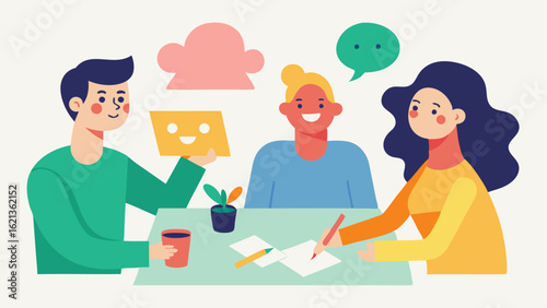 Art Therapy Session Several people engaged in an art therapy session creating drawings at a table while sharing thoughts and smiling with their artwork visually representing their