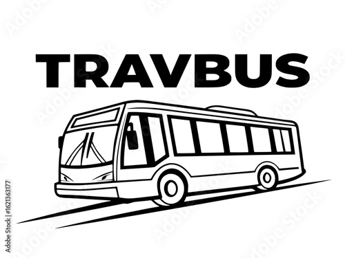 Simplified black outline logo of a public transport bus, rendered in a modern graphic style. The side profile has a slight perspective angle, and the text layout features "TRAVELBUS" in large, bold sa