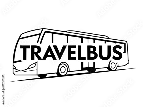 Simplified black outline logo of a public transport bus, rendered in a modern graphic style. The side profile has a slight perspective angle, and the text layout features "TRAVELBUS" in large, bold sa