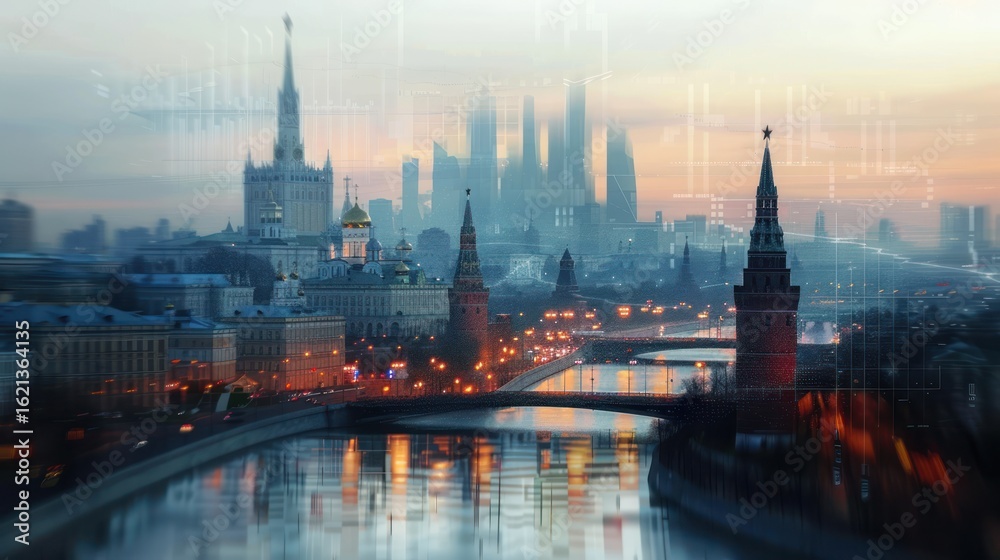 Obraz premium Misty city river panorama