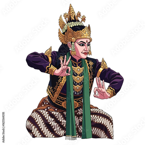 A gracefully posed traditional dancer adorned in ornate, vibrant attire, showcasing intricate gold embroidery and a distinctive headdress, performing a cultu...