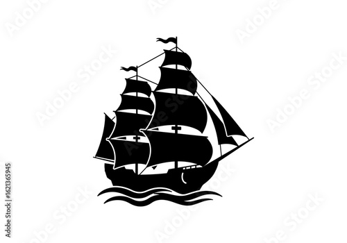 Black and White Vector Silhouette of a Historic Sailing Ship with Multiple Masts and Flags – Nautical Icon on White Background