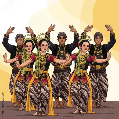 A group of dancers in traditional Indonesian attire performing a synchronized cultural dance with graceful hand gestures.