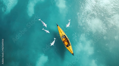 Aerial view of a yellow kayak surrounded by playful dolphins in turquoise water