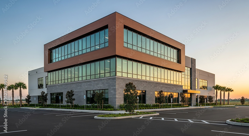Fototapeta premium Modern office building with glass facade at sunset