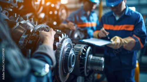 Engineers working with gears and mechanical components during industrial assembly