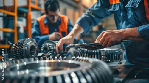 Engineers working on machinery in industrial setting with detailed components