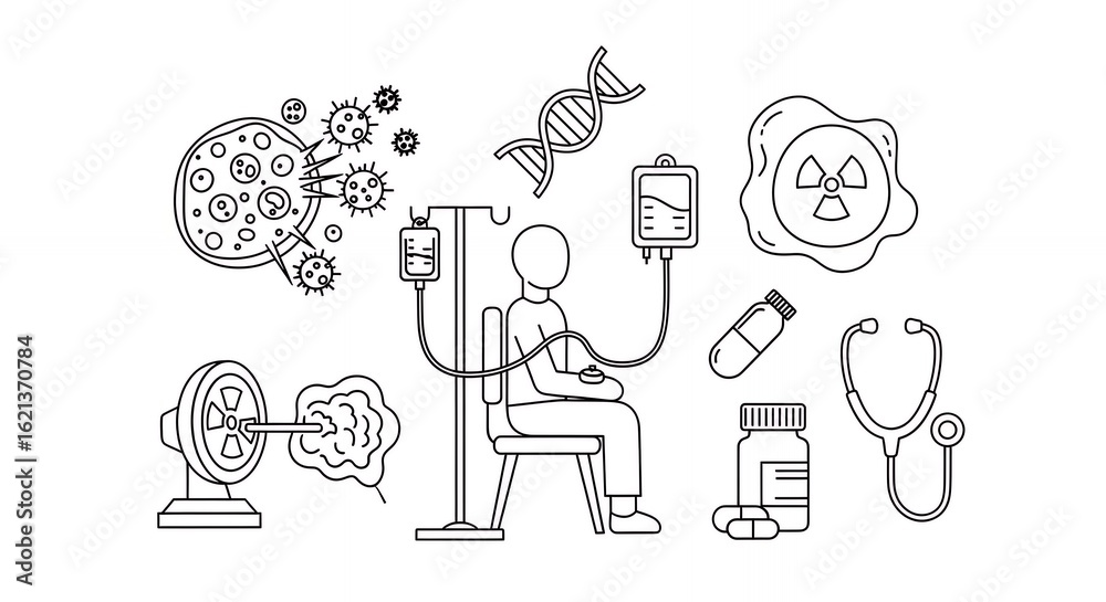 Fototapeta premium Medical Treatment Line Art Icons with Cancer Cell Chemotherapy and DNA Molecule Black and White Sketch Style Drawing Illustration Graphic Design Medical Concept Suitable for Decoration Isolated On