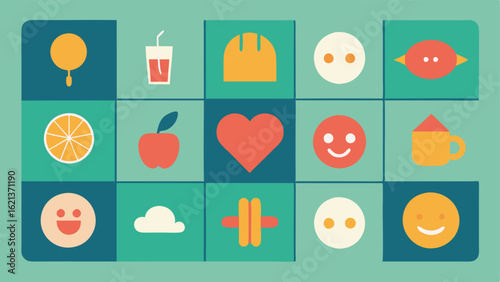 Communication Board A grid layout featuring expressive symbols and images including icons for food help and play allowing users to easily communicate their needs and preferences.