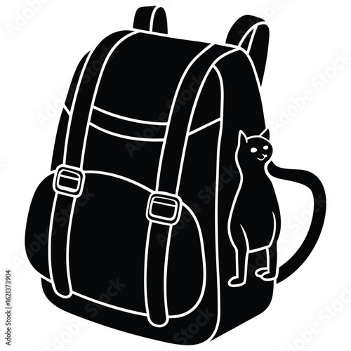 Cartoon of a black backpack with straps and buckles and a cat