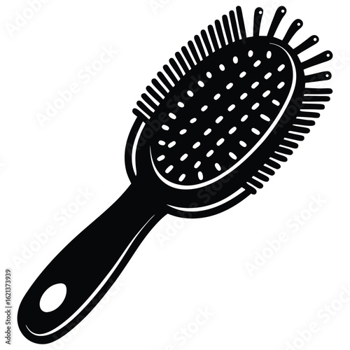 A Detailed Vector Image of a Black Oval Hairbrush with Handle
