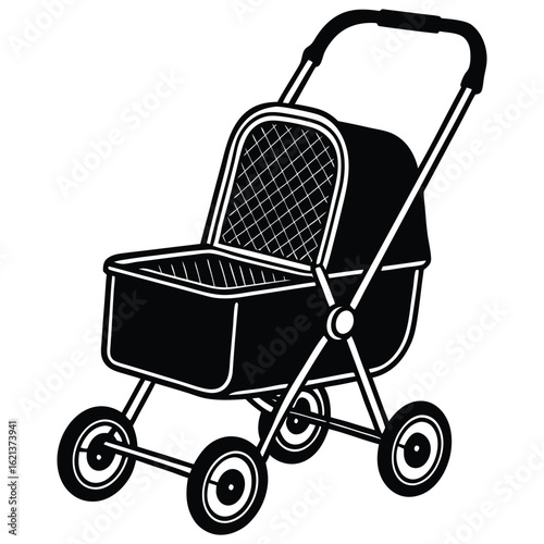 Stylized black and white illustration of a vintage style baby stroller