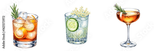 A set of three illustrated cocktails on a transparent background. Includes a whiskey drink with orange peel, a gin cooler with cucumber and elderflower, and an amber cocktail in a coupe glass.