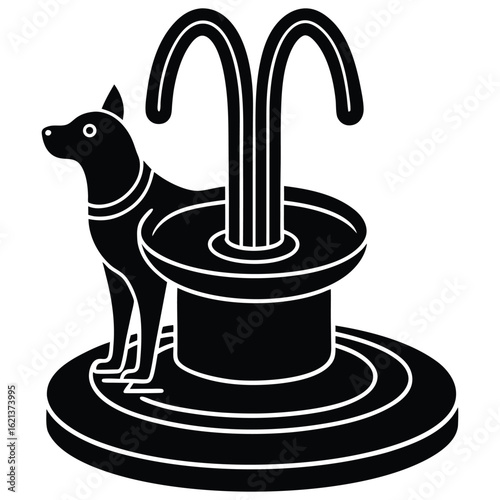 Black and white silhouette of dog and water fountain art installation