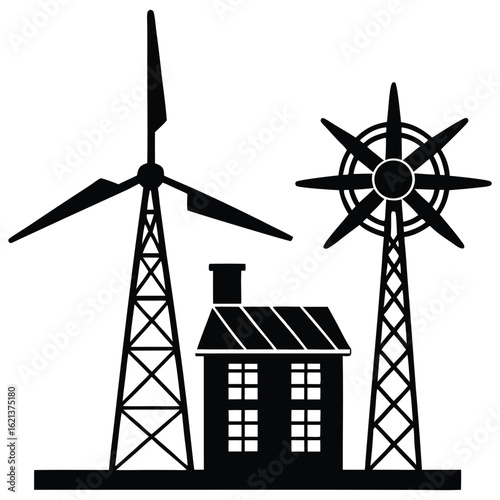 Renewable energy and sustainable living concept with a home and windmills