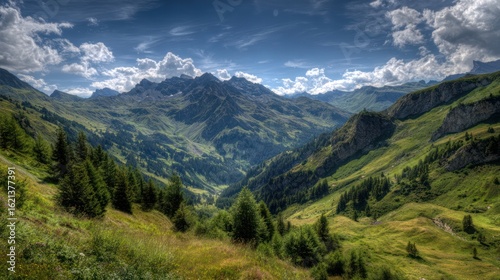 Lush green mountain valley under a dynamic sky, with peaks and coniferous trees in the landscape
