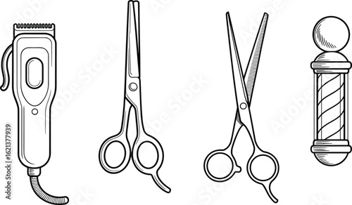 Barber Tools Vector, Electric Hair Clipper, Straight Scissors, Thinning Shears, Traditional Barber Pole, Hairdressing Equipment, Grooming Accessories, Salon Essentials,