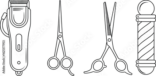 Barber Tools Line Drawing, Electric Hair Clipper, Straight Scissors, Thinning Shears, Traditional Barber Pole, Hairdressing Equipment Illustration, Vector Sketch