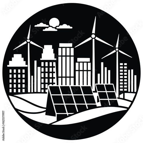 Black and white drawing showing renewable energy and urban sustainability