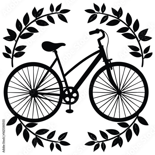 Black and White Bicycle Surrounded by Laurel Wreath for a Classic Feel