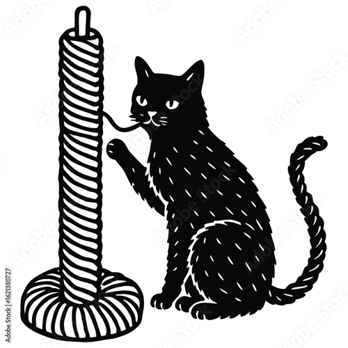 A playful cat interacts with a twisted rope scratching post cartoon vector art