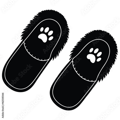 Pair of comfortable black slippers with fuzzy trim and paw prints