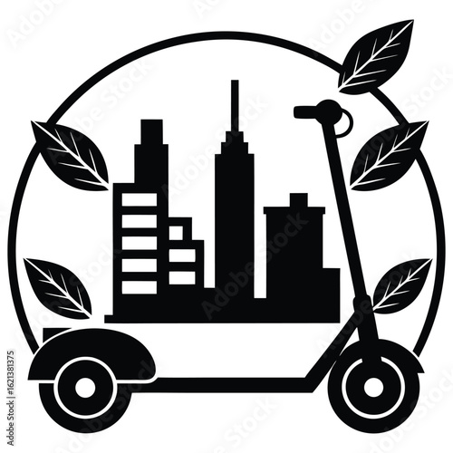 Urban Sustainability An EScooter, City Skyline, and Green Leaves in Harmony