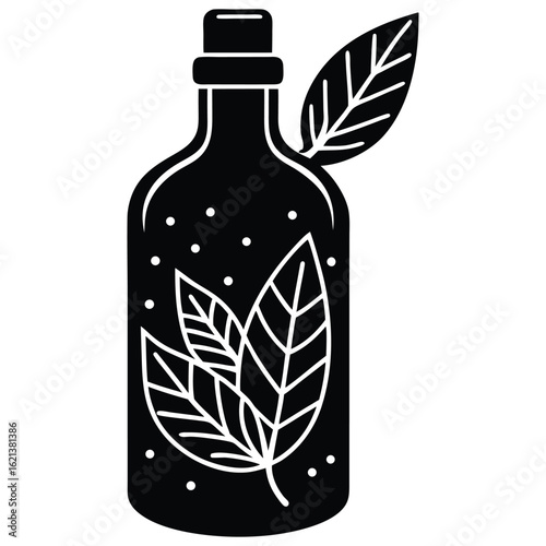 Black bottle with a stopper, containing leaves and small dots, simple art