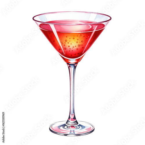 Watercolor illustration of a red cocktail in a martini glass. Bubbly alcoholic beverage on a transparent background. Elegant drink for a party or celebration.