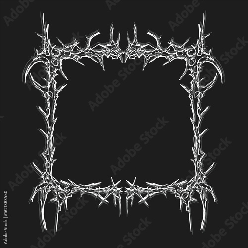 Dark tribal frame design with symmetrical sharp shape. Black and white grunge border for posters, logos, stickers cyber gothic decoration