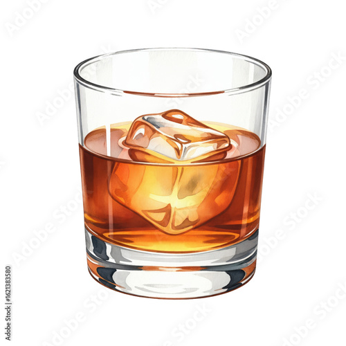 Illustration of a glass of whiskey on the rocks. Amber colored bourbon in a tumbler with a single ice cube. Alcoholic beverage isolated on a transparent background.