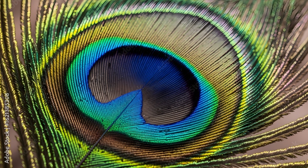 Naklejka premium Mesmerizing Close-Up of a Peacock Feather Eye Spot: A Kaleidoscope of Nature's Iridescent Beauty and Vibrant Colors