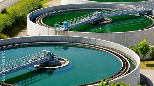 Water purification plant, circular tanks, industrial filtration, clean water facility, wastewater treatment, environmental infrastructure, sustainable system, modern technology, green energy