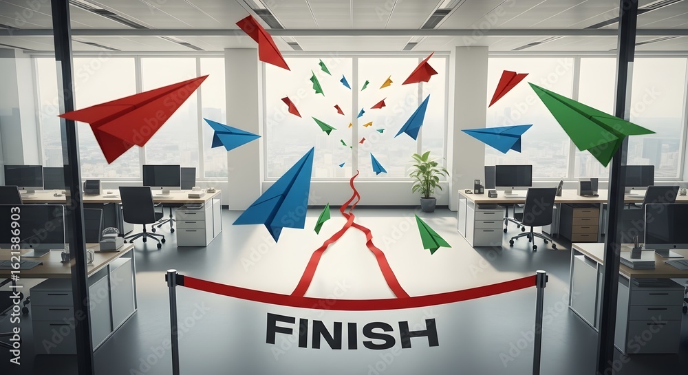 Fototapeta premium Creative Office Success Journey with Paper Planes and Finish Line: Symbolizing Achievement, Innovation, and Project Completion.