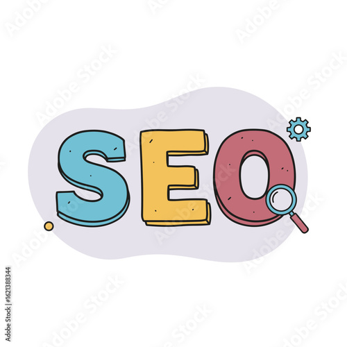 SEO text in hand-drawn style with colorful letters and icons  