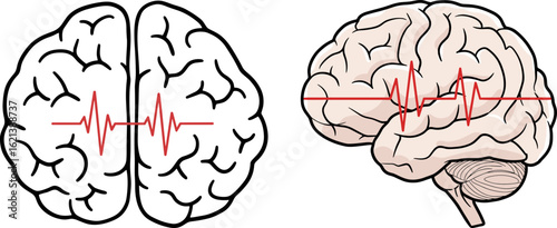 Brain illustration with heartbeat line in hand-drawn style  