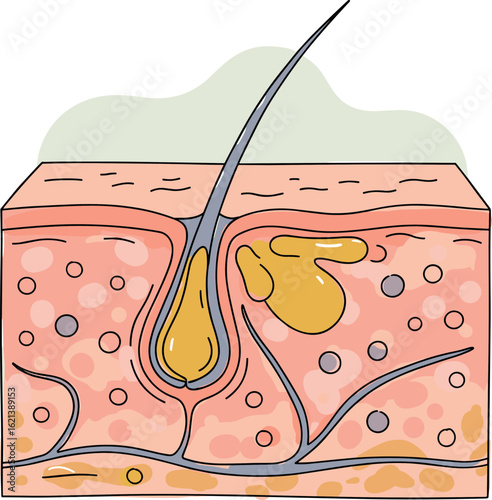 Skin anatomy illustration of hair follicle and sebaceous gland in hand-drawn style  