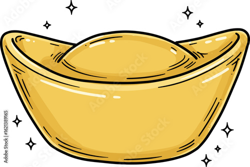 Gold ingot illustration in hand-drawn style with shining stars  