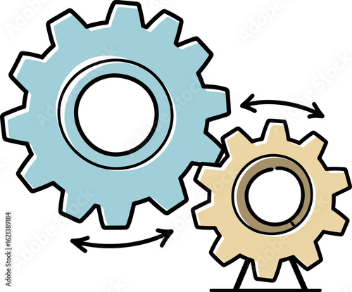 Two interlocking gears in hand-drawn style with arrows indicating movement  