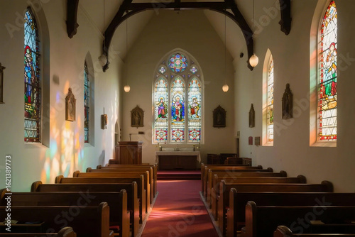 A peaceful church interior with stained glass windows, sunlight casting colorful patterns inside.