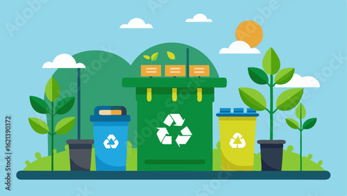 A recycling and compost bin station to promote sustainability and ecofriendliness.