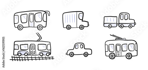 Cute kids style drawing doodle outline city transport for kid coloring books. Childish sketchy linear public city transport, car, truck for children educational or fun app or book, sticker, logo
