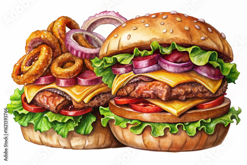 Tasty double cheeseburger with juicy beef patties, melted cheese, fresh bun, and savory sauce. Perfect fast food meal illustration for menus and advertisements