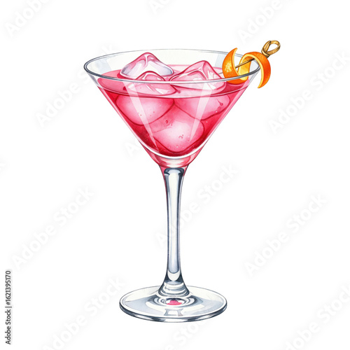 Watercolor illustration of a Cosmopolitan cocktail in a martini glass with ice cubes and an orange peel garnish, isolated on a transparent background.