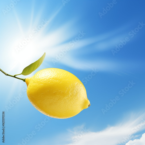 Fresh Whole Lemon Floating in Bright Blue Sky with Sunlight. Vibrant Yellow Citrus Fruit on Branch with Leaf, Surreal Summer Concept with Clean Sky and Light Rays.