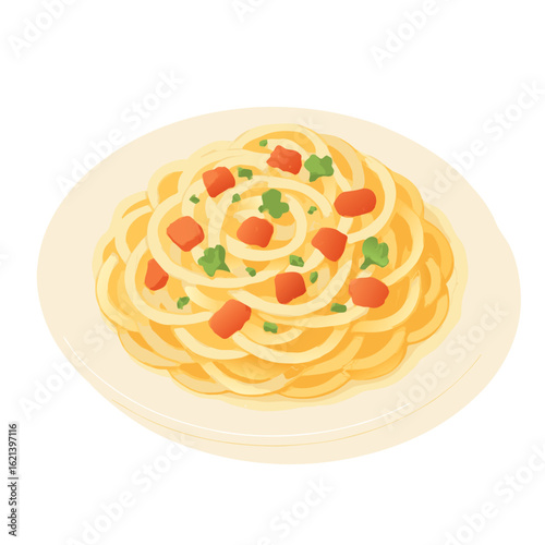 Delicious plate of spaghetti with tomato sauce and parsley on a white background, a tasty Italian dish.