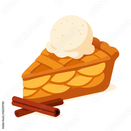 A delicious slice of pumpkin pie with vanilla ice cream on top and cinnamon sticks beside it on a white background