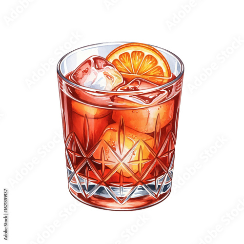 Watercolor illustration of a classic Negroni cocktail. Red alcoholic drink in a crystal glass with ice and an orange garnish on a transparent background.