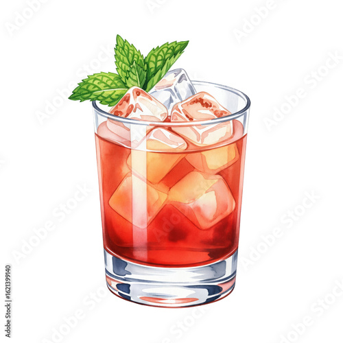 Wallpaper Mural Watercolor illustration of a red cocktail with ice and mint garnish. Refreshing alcoholic beverage in a rocks glass isolated on a transparent background. Torontodigital.ca