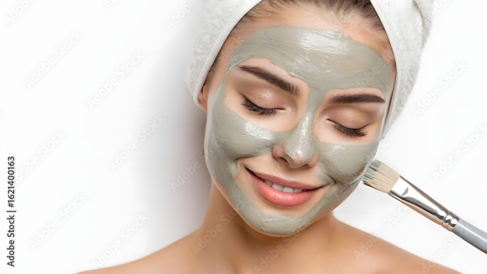 A young woman relaxes with a soothing facial treatment, her face covered in a clean clay mask for healthy skin A young woman relaxes with a soothing facial treatment, her face covered in a clean clay mask for healthy skin